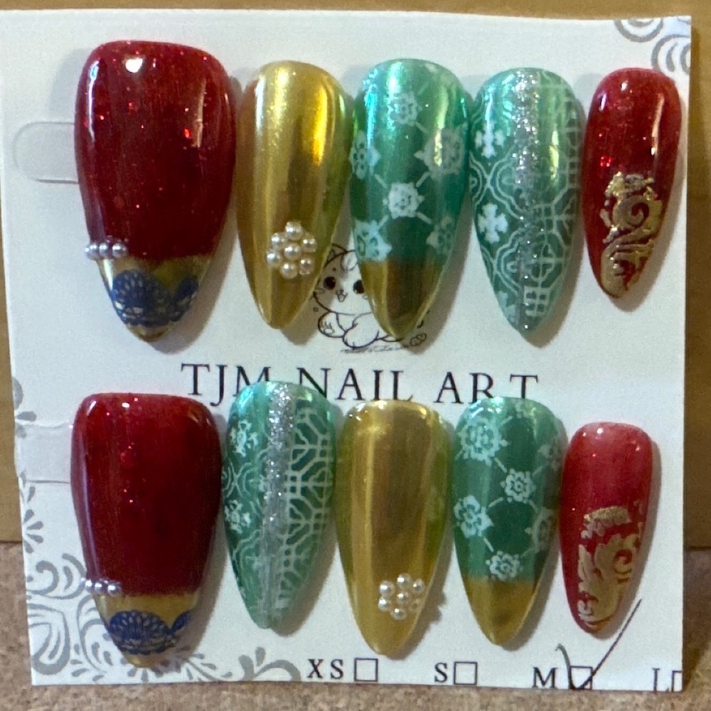 Press On Nails Set Red Gold Jade Green Lunar New Year Dragon Size M